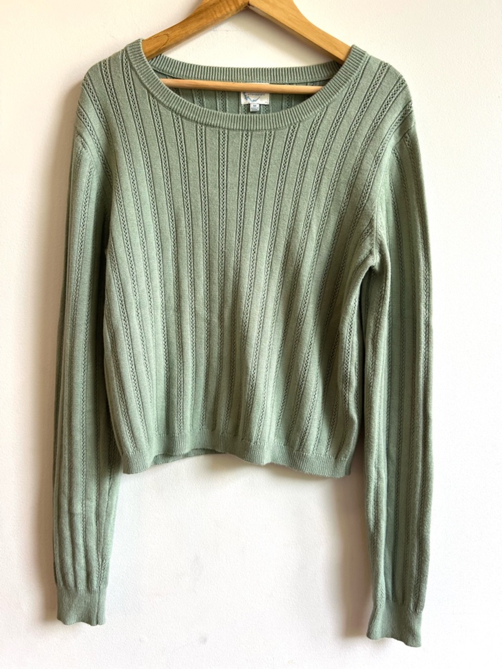 Coastal Grandma Blue Rain Sage Green Ribbed Crewneck Lightweight Sweater